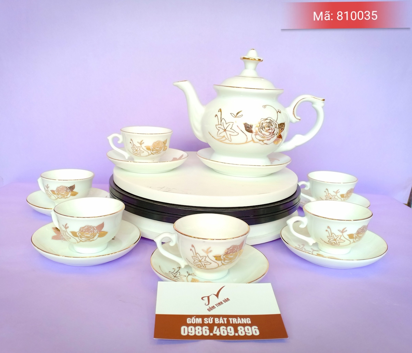 Bộ bình trà dáng hoàng cung, vẽ hoa hồng vàng 24k, mã 810035 gốm bát tràng tinh vân