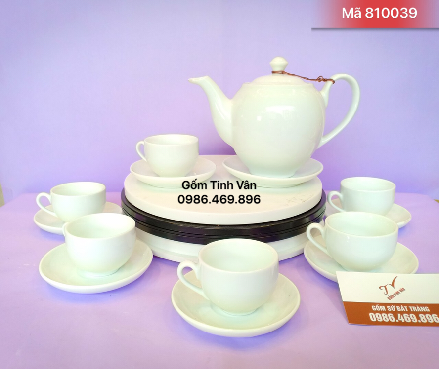 Bộ bình trà trắng in logo, mã 810039, dáng minh long, quà tặng gốm sứ, bát tràng tinh vân