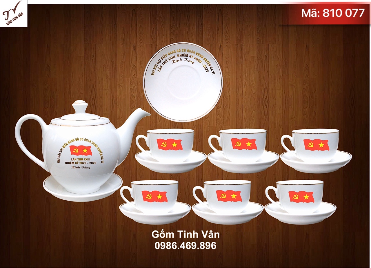 Bộ bình trà dáng minh long 2 in logo, dung tích 600ml, mã 810077, kẻ chỉ và in chữ vàng kim, logo đại hội đại biểu đảng bộ cơ quan ubnd huyện Ba Vì, lần thứ XXIII, nhiệm kỳ 2020-2025, gốm bát tràng, giá báo trên 100 bộ