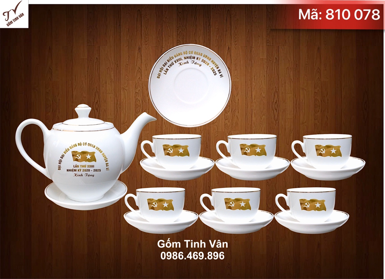 Bộ bình trà dáng minh long 2 in logo, dung tích 600ml, mã 810078, kẻ chỉ và in logo vàng kim, logo đại hội đại biểu đảng bộ cơ quan ubnd huyện Ba Vì, lần thứ XXIII, nhiệm kỳ 2020-2025, gốm bát tràng, giá báo trên 100 bộ