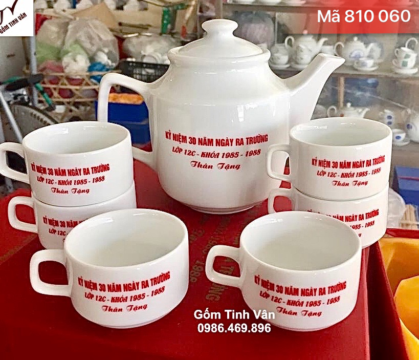 Bộ bình trà dáng vuông, mã 810060, dung tích 700ml, in logo kỷ niệm ngày ra trường, quà tặng bạn bè, thầy cô, gốm bát tràng cao cấp, giá báo 100 bộ trở lên