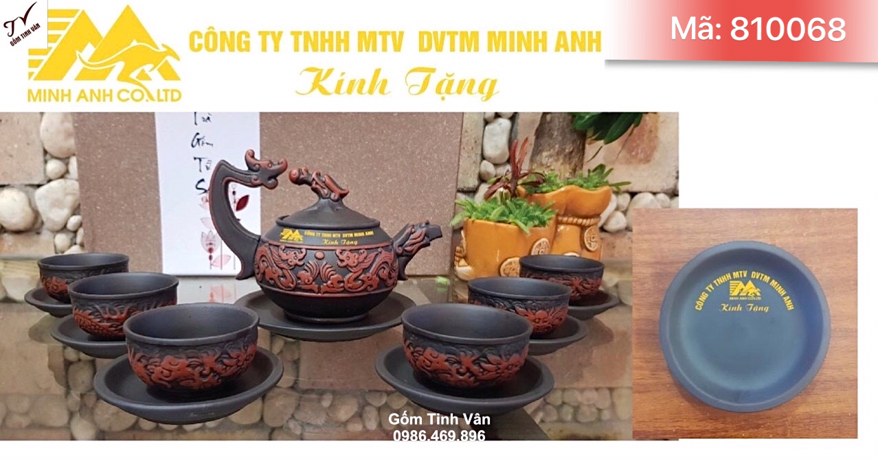 Bộ bình trà lưỡng long chầu nguyệt, đâp nổi 3D, mã 810068, gốm tử sa, in logo, quà tặng hội nghị, đại biểu, khách hàng công ty, giá báo trên 100 bộ, gốm bát tràng tinh vân