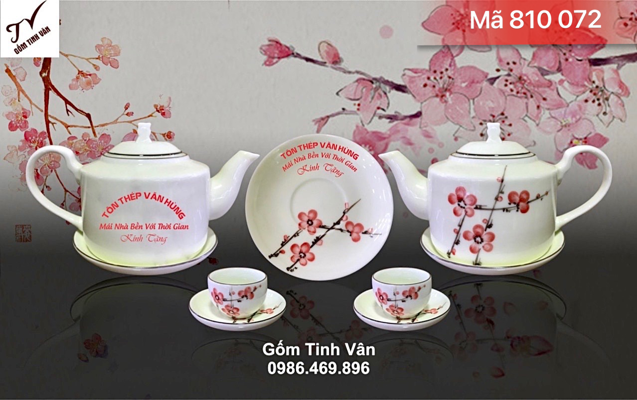 Bộ bình trà men kem hoa đào hồng , mã 810072, dung tích 600ml, in logo công ty, quà tặng khách hàng, nhân viên, logo công ty tôn thép, quà tặng gốm sứ bát tràng cao cấp, giá báo trên 100 bộ