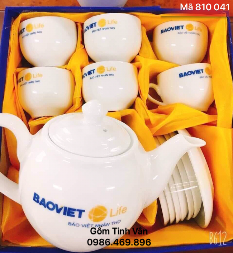 Bộ bình trà men trắng, mã 810041, in logo bảo việt, 500ml, gốm bát tràng, tinh vân, số lượng từ 100 bộ