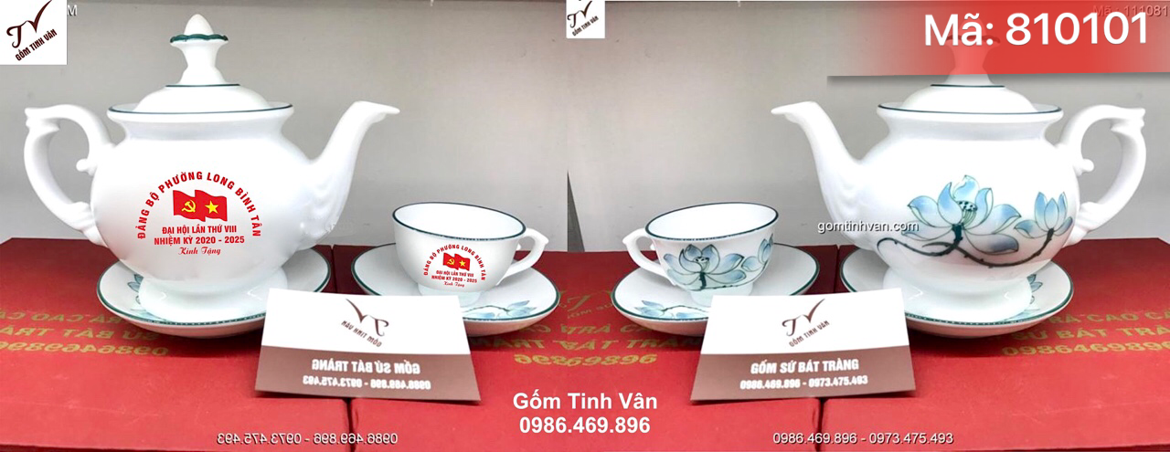 Bộ bình trà men trắng vẽ hoa sen xanh, mã 810101, dáng phú quý, in logo đại hội đảng bộ nhiệm kỳ 2020-2025, giá báo trên 100 bộ, quà tặng gốm sứ