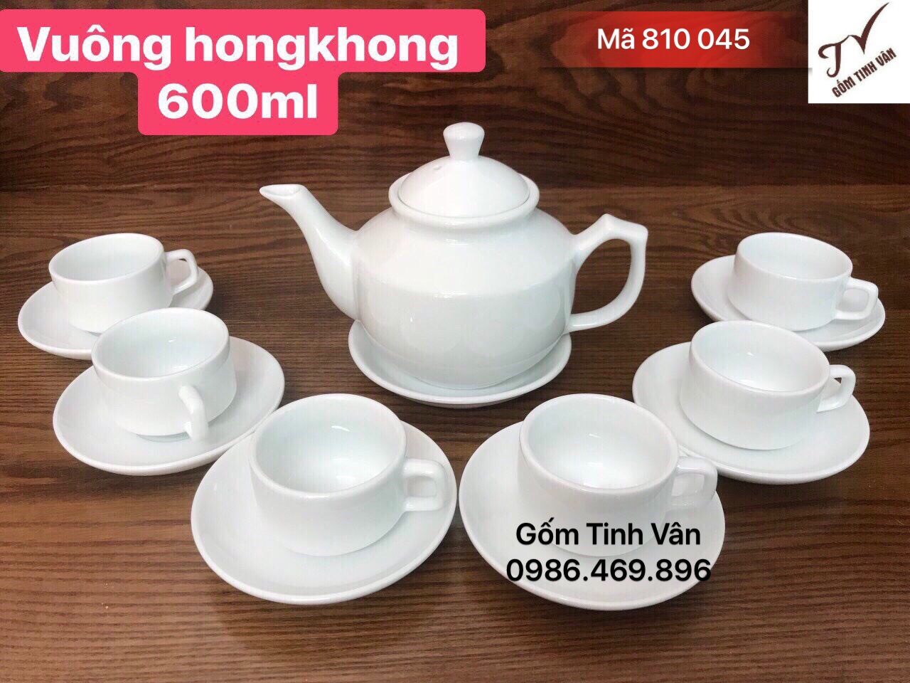 Bộ bình trà men trắng, mã 810045, dáng hongkong, dung tích 600ml, in logo, quà tặng tết 2020, gốm tinh vân bát tràng
