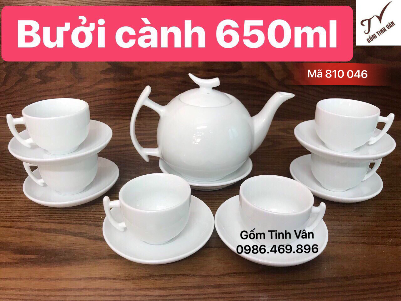 Bộ bình trà men trắng, mã 810046, dáng bưởi cành, dung tích 650ml, in logo, quà tặng tết 2020, gốm tinh vân bát tràng