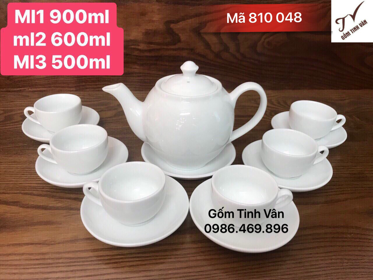 Bộ bình trà men trắng, mã 810048, dáng minh long, dung tích 500-600-900ml, in logo, quà tặng tết 2020, gốm tinh vân bát tràng