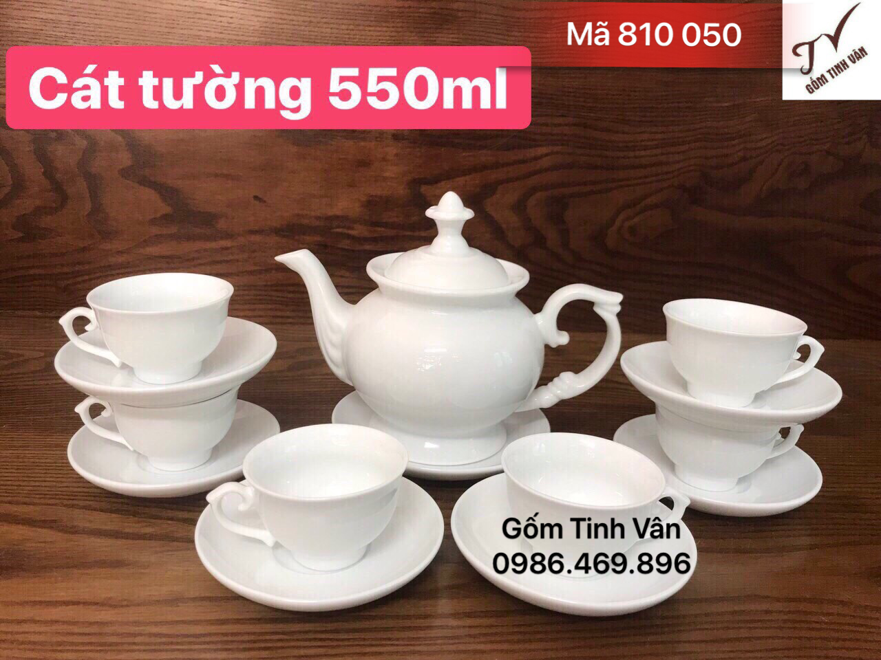 Bộ bình trà men trắng, mã 810050, dáng cát tường, dung tích 550 ml, in logo, quà tặng tết 2020, gốm tinh vân bát tràng