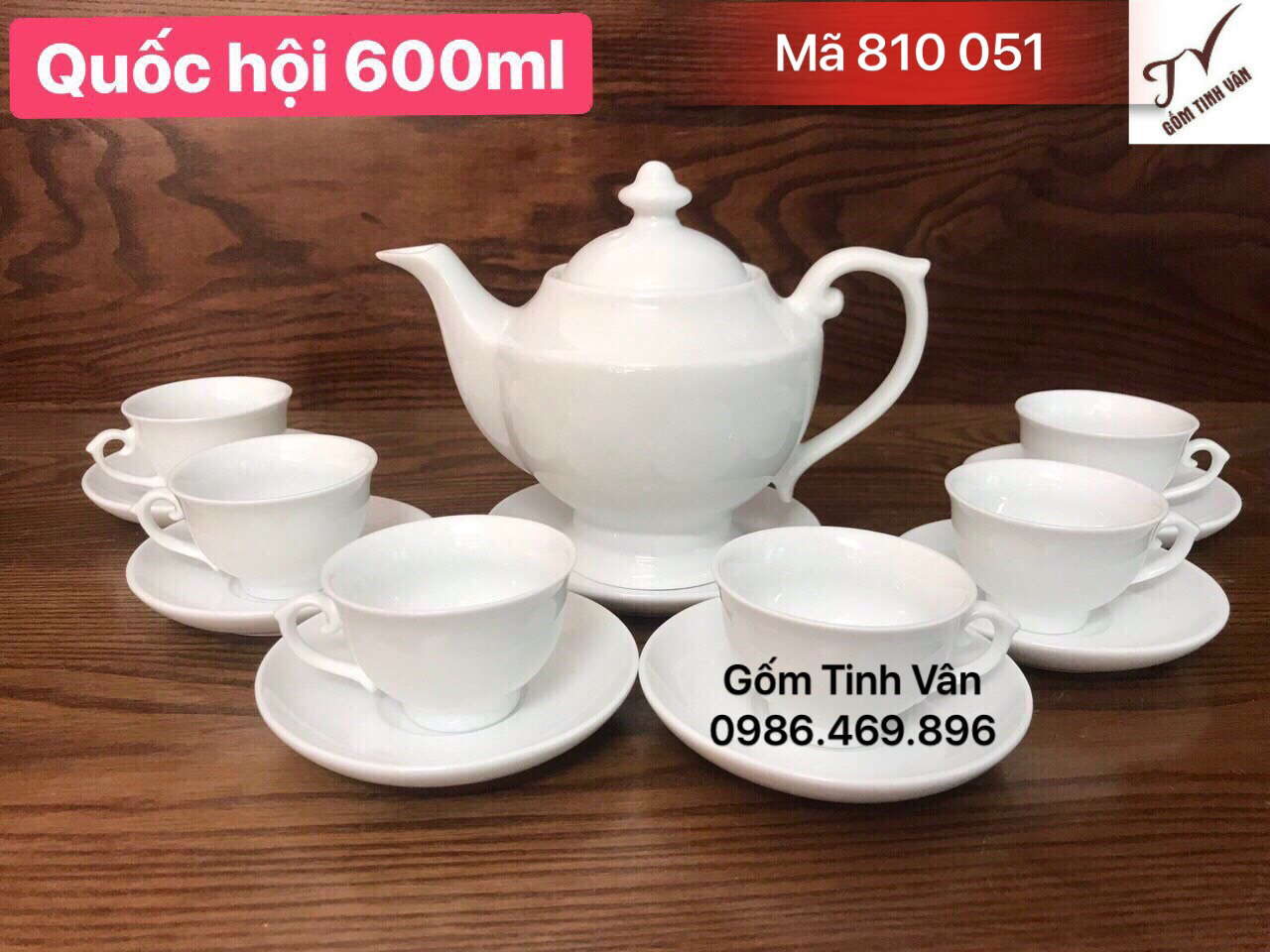 Bộ bình trà men trắng, mã 810051, dáng quốc hội, dung tích 600 ml, in logo, quà tặng tết 2020, gốm tinh vân bát tràng