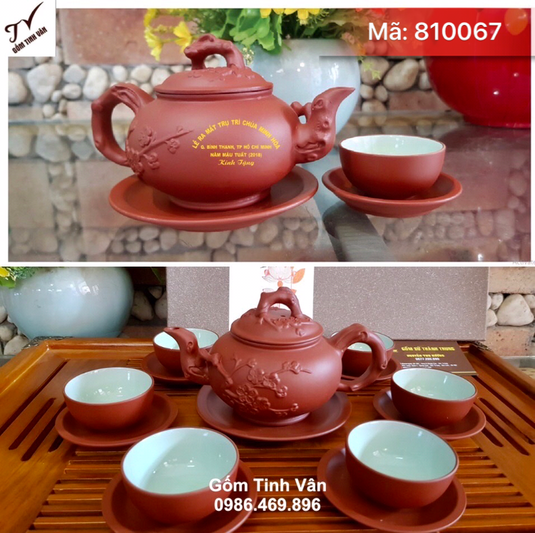 Bộ bình trà gốm tử sa nâu đỏ hoa đào đắp nổi, mã 810067, ly men xanh ngọc, lên màu trà rất đẹp, dung tích 450ml, in logo, quà tặng, giá báo trên 100 bộ, chưa tính khay gỗ, sứ bát tràng tinh vân