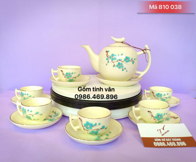 Bộ bình trà in logo, mã 810038, quà tặng gốm sứ bát tràng men kem hoa đào xanh