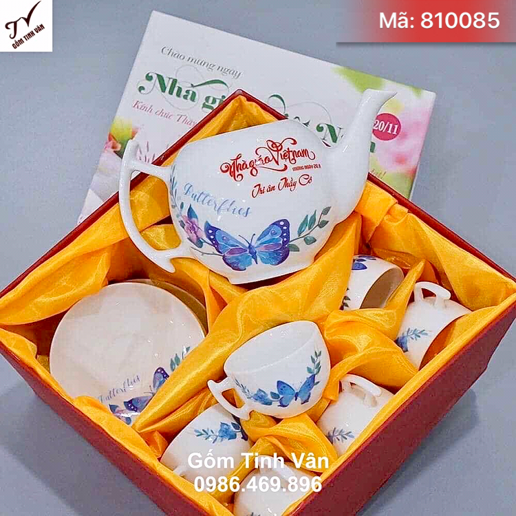 Bộ ấm chén trà dáng bưởi cành, mã 810085, men trắng vẽ bướm xanh, in logo và chữ, quà tặng ngày nhà giáo việt nam 20-11, giá báo trên 100 bộ, gốm bát tràng cao cấp