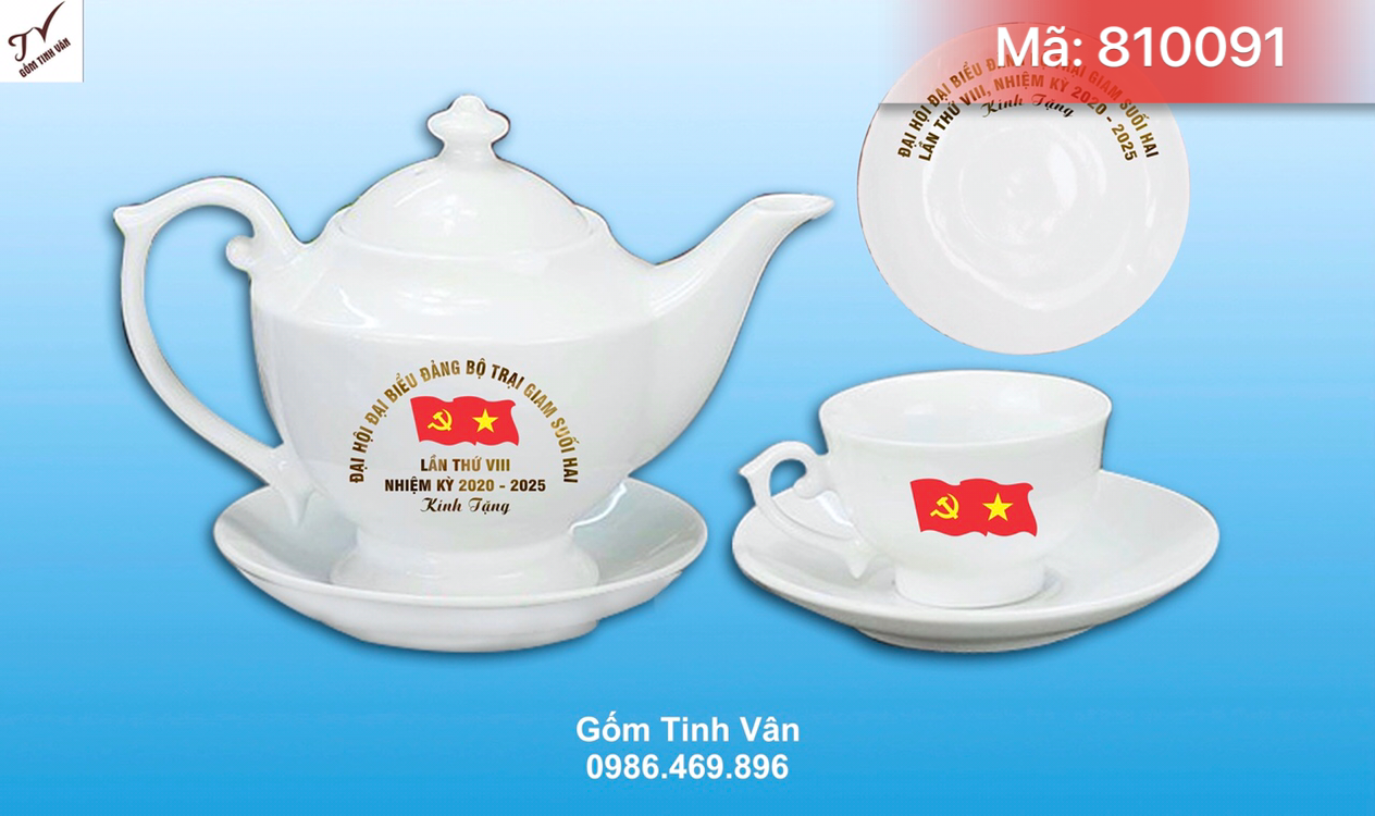 Bộ bình trà dáng quốc hội, mã 810091, dung tích 650ml, in logo đại hội đại biểu đảng bộ trại giam suối hai, sứ trắng cao cấp, ko viền chỉ, chữ vàng 24k, giá báo trên 100 bộ, quà tặng gốm sứ cao cấp