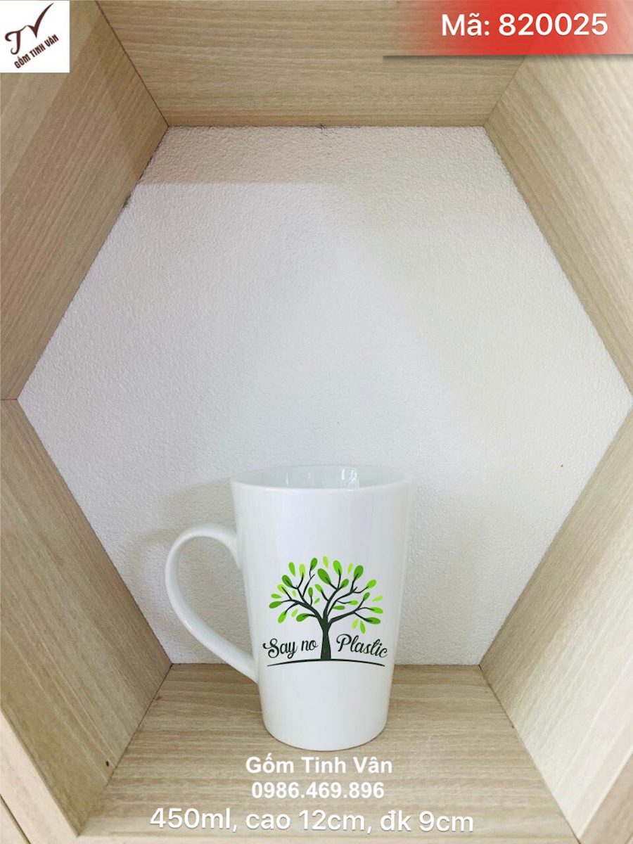 Ly sứ dáng loe, dung tích 450ml, mã 820025, cao 12cm, đường kính 9cm, in logo, quà biếu tặng khách hàng sang trọng, giá báo trên 100 chiếc