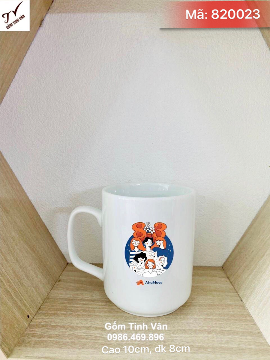 Ly sứ quai vuông, dung tích 330ml, mã 820023, cao 10cm, đường kính 8cm, in logo, hình ảnh Ahamove, quà biếu tặng khách hàng sang trọng, giá báo trên 100 chiếc