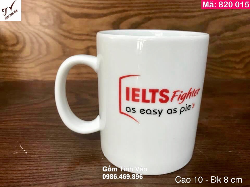 Ly sứ trắng quai C, mã 820015, in chữ và logo, cao 10cm x đường kính 8cm, dung tích 330 ml, quà tặng khách hàng, Gốm sứ Bát Tràng Tinh Vân, giá báo trên 100 chiếc