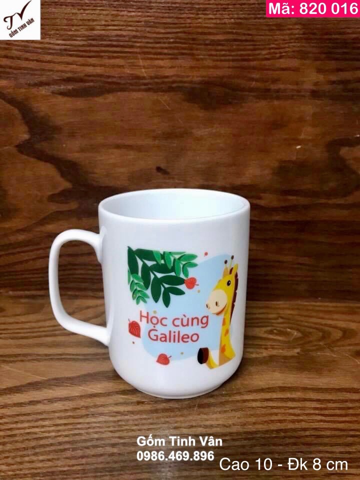 Ly sứ trắng quai C, mã 820016, in chữ và logo, cao 10cm x đường kính 8cm, dung tích 330 ml, quà tặng khách hàng, Gốm sứ Bát Tràng Tinh Vân, giá báo trên 100 chiếc