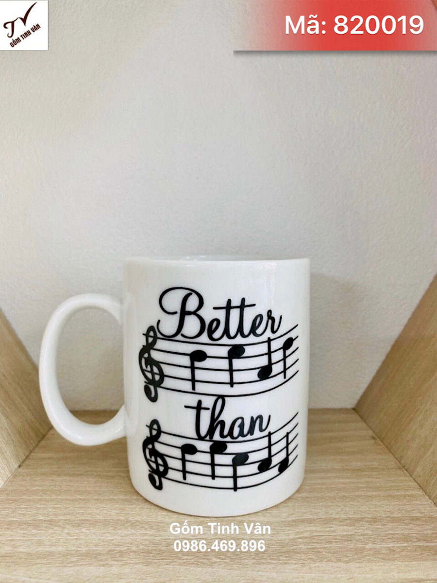 Ly sứ trắng quai C, mã 820019, in chữ và logo, cao 10cm x đường kính 8cm, dung tích 330 ml, quà tặng khách hàng, Gốm sứ Bát Tràng Tinh Vân, giá báo trên 100 chiếc