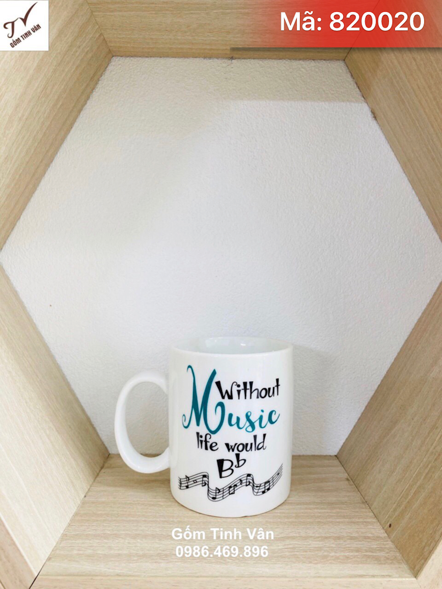 Ly sứ trắng quai C, mã 820020, in chữ và logo, cao 10cm x đường kính 8cm, dung tích 330 ml, quà tặng khách hàng, Gốm sứ Bát Tràng Tinh Vân, giá báo trên 100 chiếc