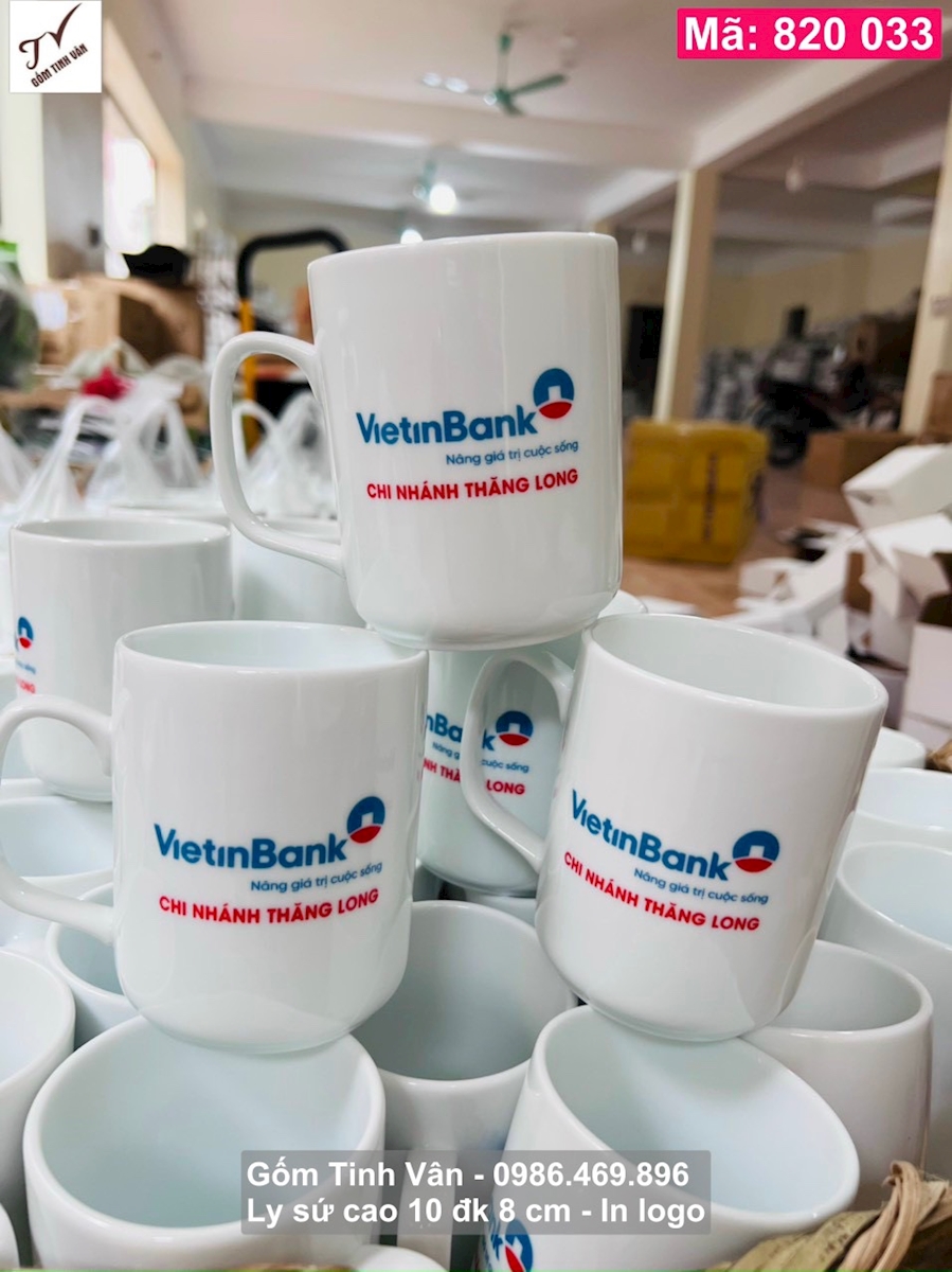 Ly sứ, cốc sứ, mã 820033, men trắng, in logo quà tặng vietinbank, logo công ty, gốm bát tràng tinh vân, giá báo 50 ly trở lên