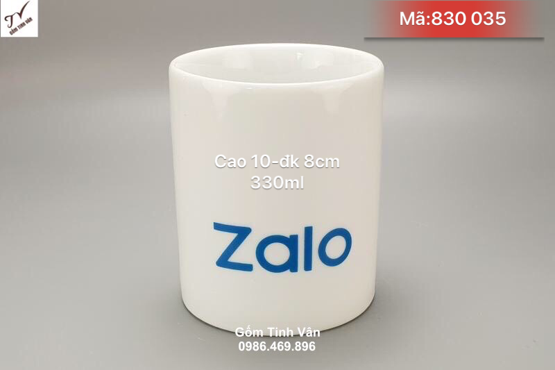 Ly sứ men trắng ko quai in logo zalo, mã 830035, in thương hiệu công ty, quà tặng khách hàng, cao 10 đường kính 8 cm, dung tích 330 ml, giá báo trên 100 chiếc, cốc sứ quà tặng gốm sứ bát tràng