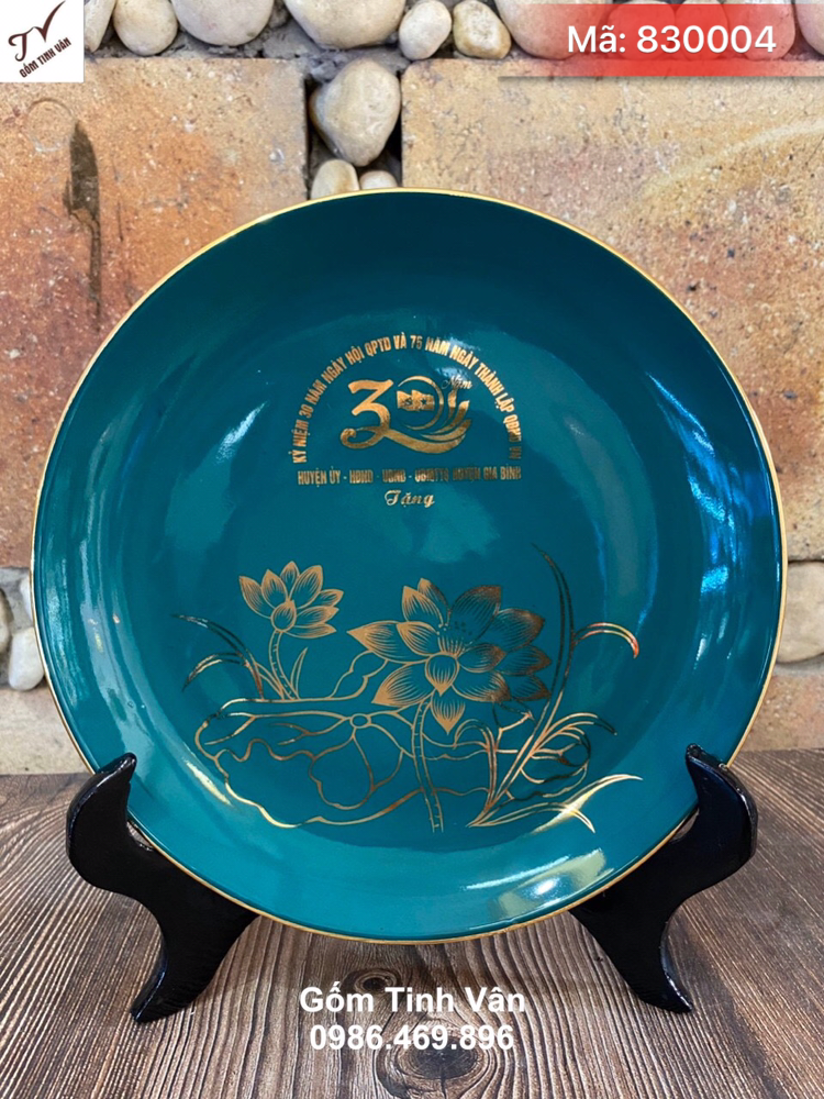 Đĩa sứ men xanh ngọc lục bảo vẽ vàng 24k, mã 830004, in logo đại hội đảng, sang trọng, quà tặng gốm bát tràng cao cấp