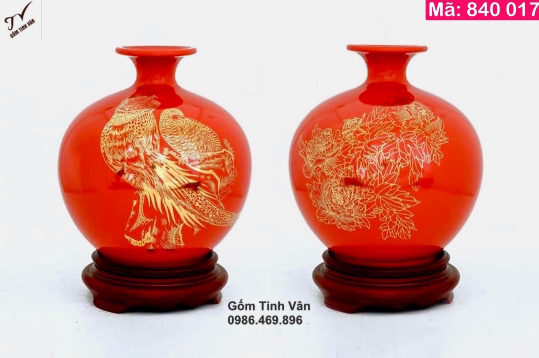 Bình hút tài lộc men xanh đỏ, mã 840017, in logo, chữ vàng kim, cao 18-22-28-35 cm, chân đế gỗ hương cao 4 cm, quà tặng gốm sứ cao cấp