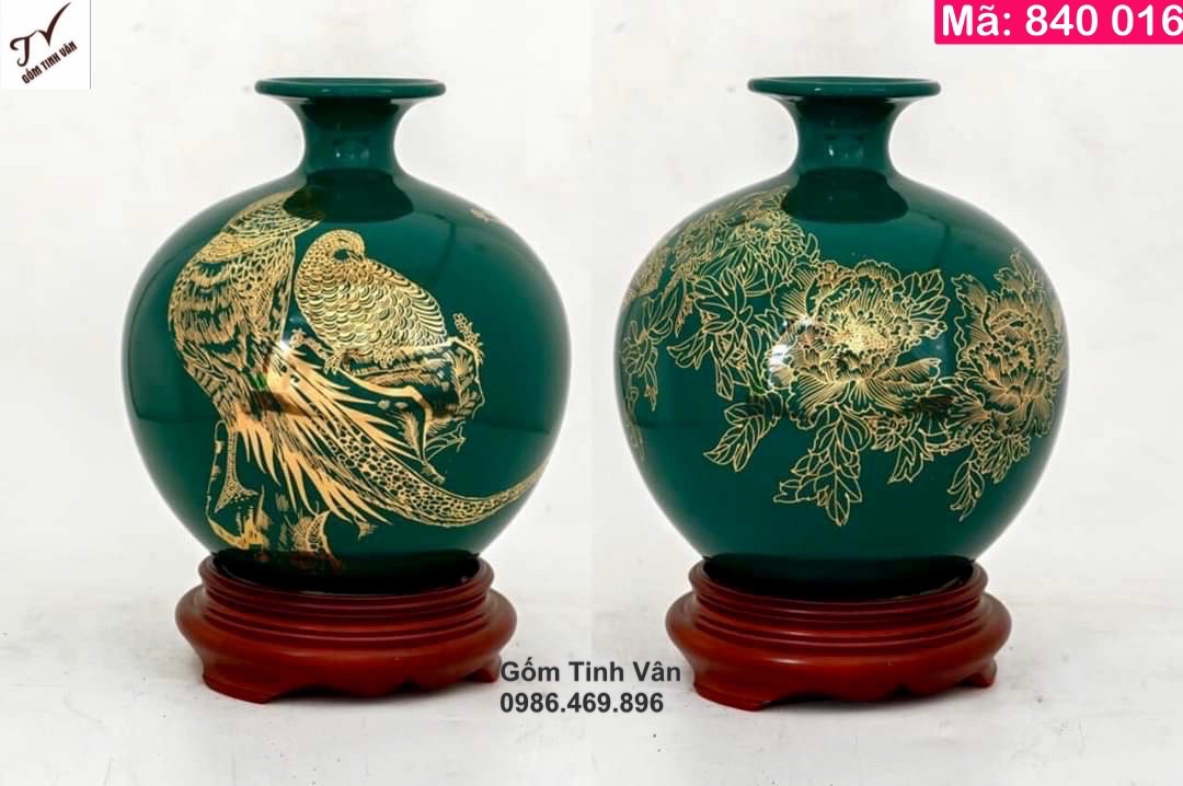 Bình hút tài lộc men xanh lục, mã 840016, in logo, chữ vàng kim, cao 18-22-28-35 cm, chân đế gỗ hương cao 4 cm, quà tặng gốm sứ cao cấp