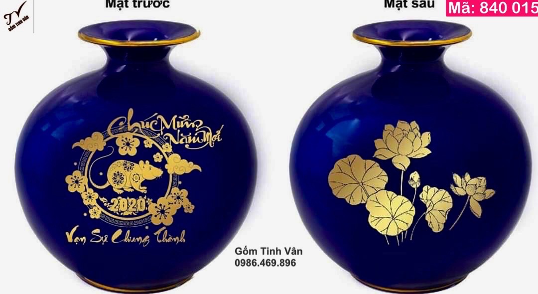 Bình hút tài lộc men xanh tím, mã 840015, in logo, chữ vàng kim, cao 18-22-28-35 cm, chân đế gỗ hương cao 4 cm, quà tặng gốm sứ cao cấp