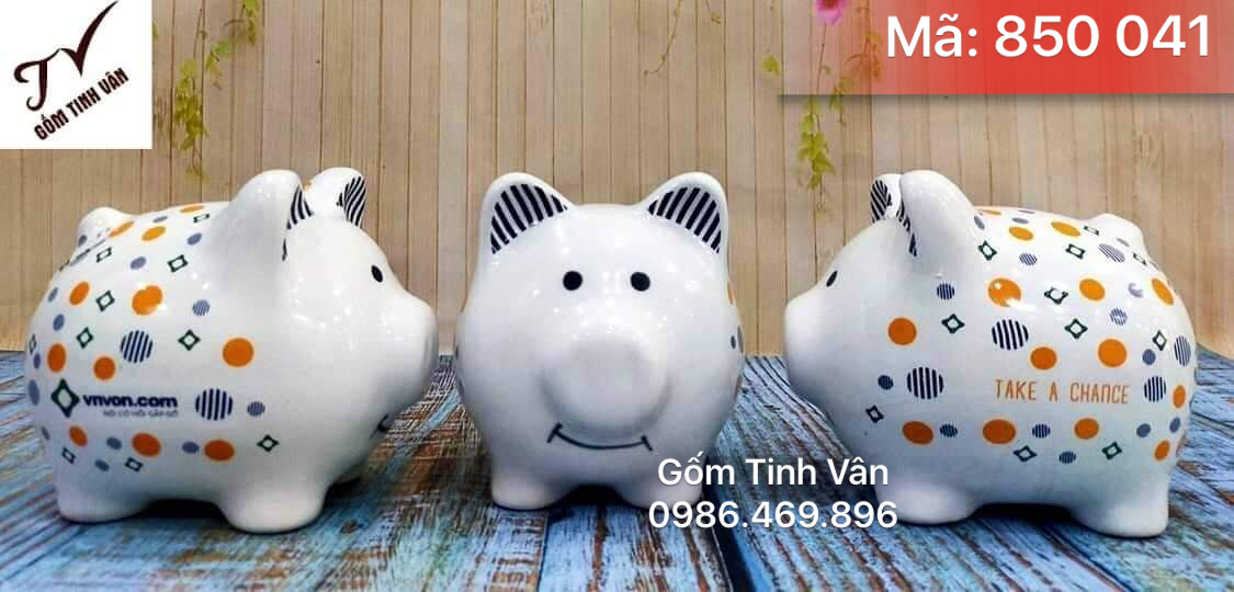 Bộ 3 heo sứ tiêtd kiệm in logo, mã 850041, dài 15 cm, quà tết, quà tặng khách hàng, gốm sứ bát tràng, tinh vân