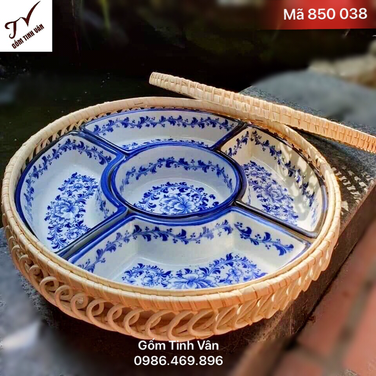 Bộ khay mứt tết, quà tết in logo, mã 850038, đk 28 cm, cao 7 cm, gốm sứ bát tràng, hoa văn xanh lam vẽ tay, gốm tinh vân