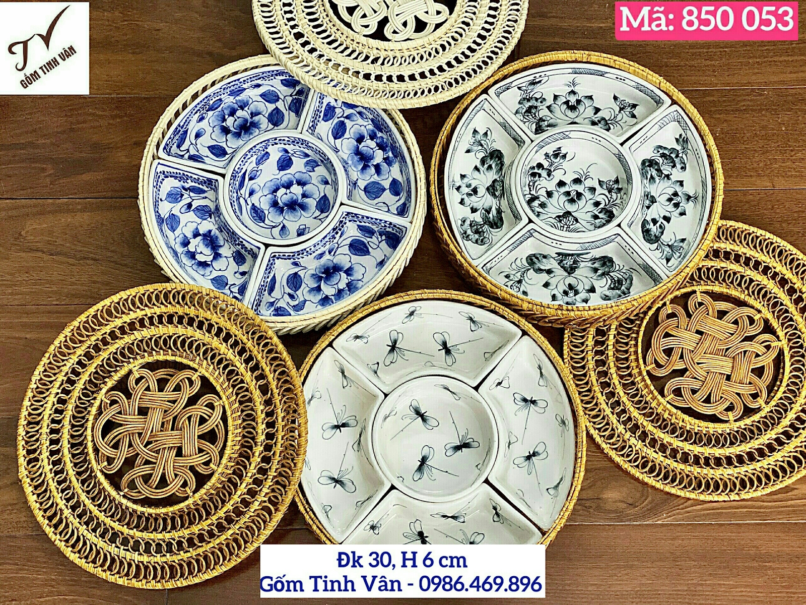 Khay mứt tết, hộp đưng bánh kẹo, khay đồ ăn suất, mã 850053, có nắp, kết hợp gốm sứ và đan mây, dk 30 cao 6 cm, in logo thương hiệu công ty làm quà tặng, quà biếu đẹp, , gốm sứ bát tràng tinh vân