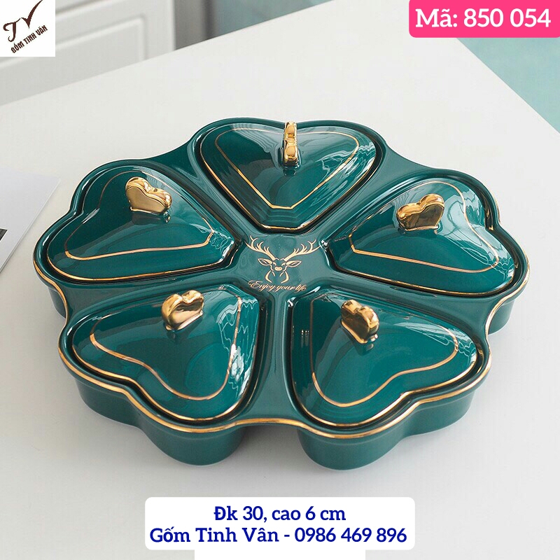 Khay mứt tết, hộp đưng bánh kẹo, khay đồ ăn suất, mã 850054, có nắp, xanh ngọc lục bảo vẽ vàng 24 k, xanh rêu cổ vịt đk 30 cao 6 cm, in logo thương hiệu công ty làm quà tặng, quà biếu đẹp, gốm sứ bát tràng tinh vân