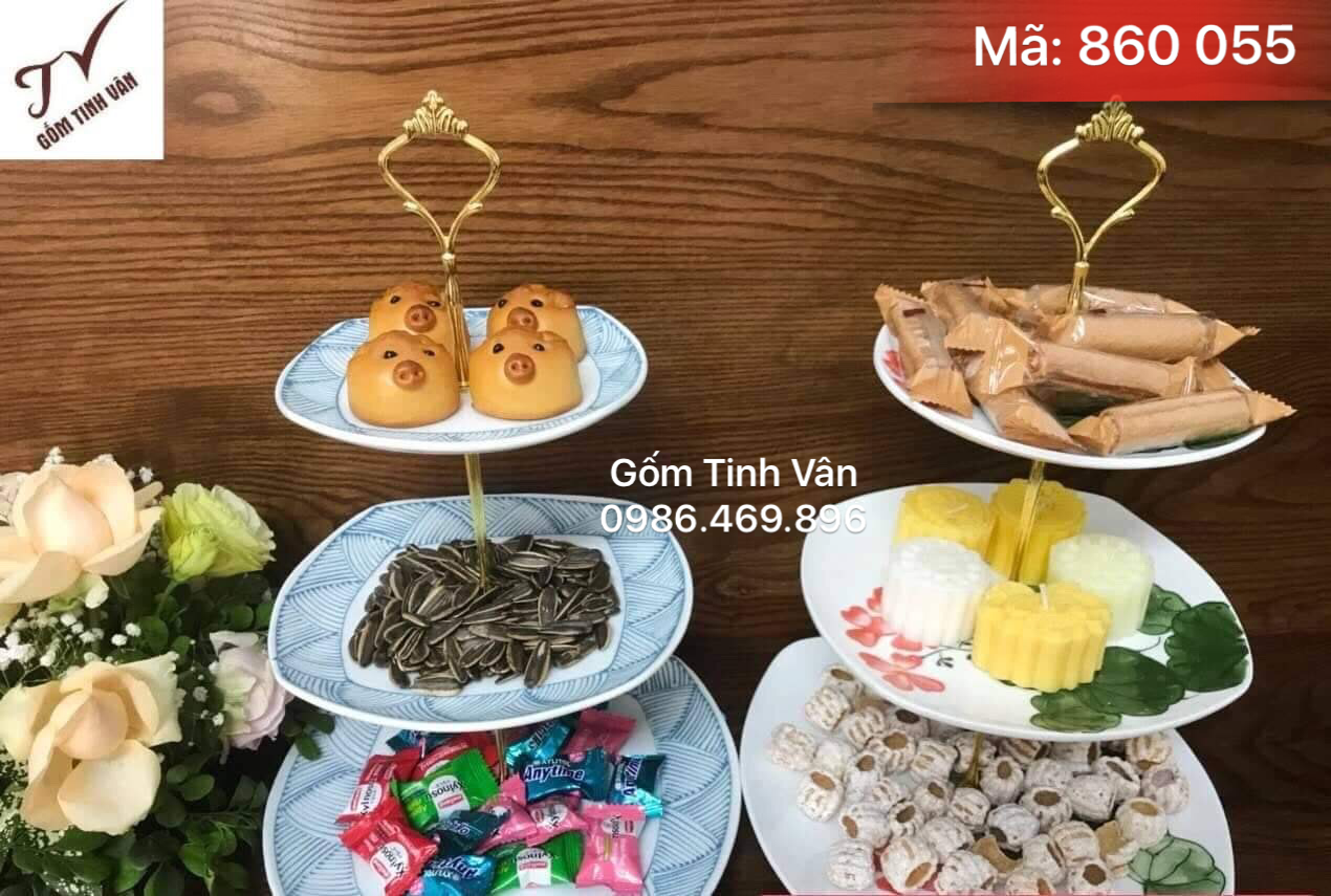 2 Bộ 3 đĩa đưng trái cây, bánh kẹo ngày tết, khay đĩa 3 tầng, mã 860055, in logo, quà tặng tết ý nghĩa, gốm sứ bát tràng, tinh vân