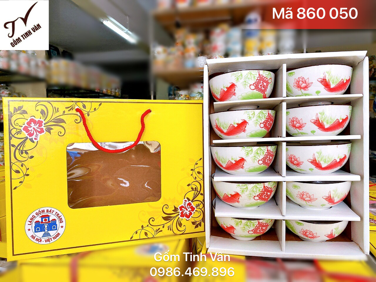Bộ 10 chén cơm vẽ cá chép hoa sen, mã 860050, in logo công ty, hộp và túi giấy đẹp, quà tặng gốm sứ bát tràng, tinh vân