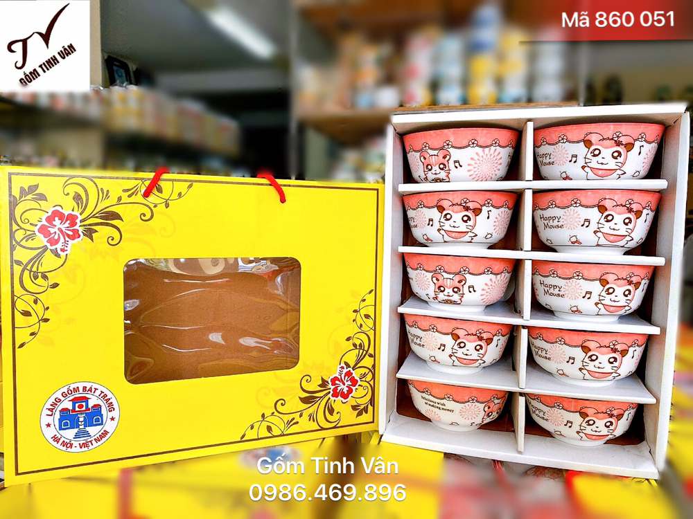 Bộ 10 chén cơm vẽ hình dễ thương, mã 860051, in logo công ty, hộp và túi giấy đẹp, quà tặng gốm sứ bát tràng, tinh vân