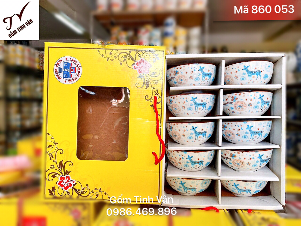 Bộ 10 chén cơm vẽ hoa hươu xanh, mã 860053, in logo công ty, hộp và túi giấy đẹp, quà tặng gốm sứ bát tràng, tinh vân