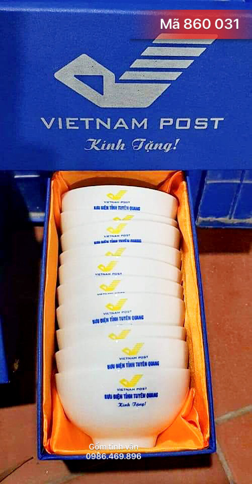 Bộ 10 chén cơm, mã 860031, in logo vietnam post, hộp si lót lụa vàng, quà tặng gốm sứ bát tràng, tinh vân