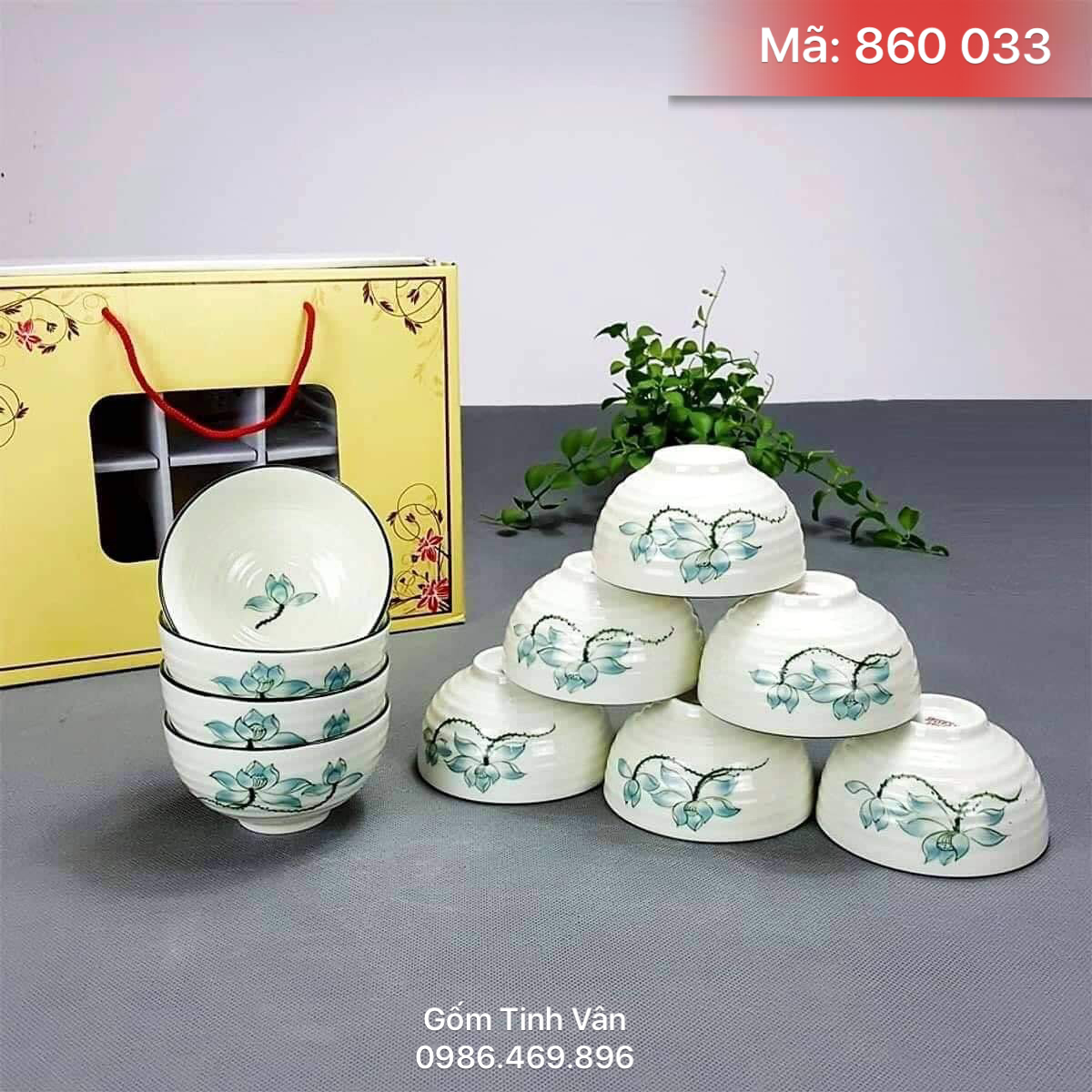 Bộ 10 chén cơm, mã 860033, men kem in logo, hộp đẹp, quà tặng gốm sứ , bát tràng tinh vân