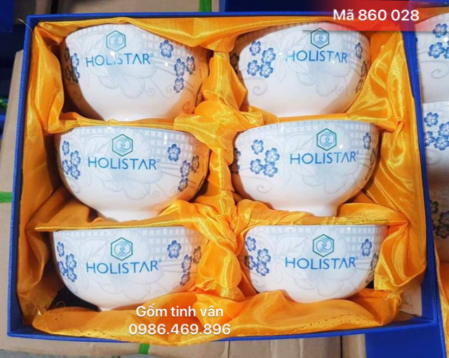 Bộ 6 chén cơm, mã 860028, in logo, vẽ hoa xanh, quà tặng gốm bát tràng, tinh vân