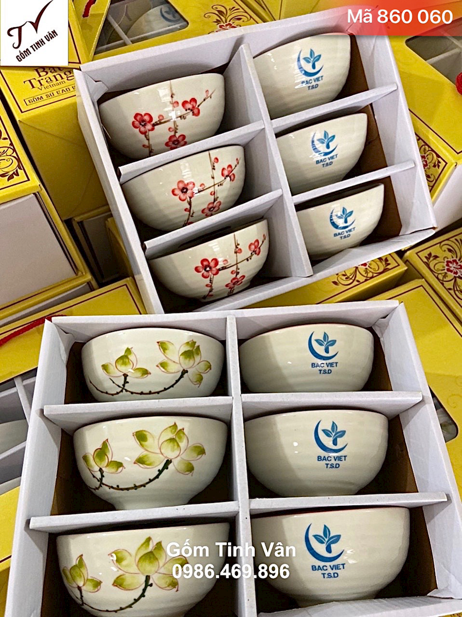 Bộ 6 chén cơm men kem viền chỉ nâu hoa đào đỏ, hoa sen xanh, mã 860060, vân gốm vuốt tay, kiểu dáng mộc mạc, vẻ đẹp bình dị, in logo công ty bắc việt, quà tặng hội nghị khách hàng, tặng nhân viên, gốm bát tràng cao cấp, hộp caton đẹp, giá báo trên 100 bộ