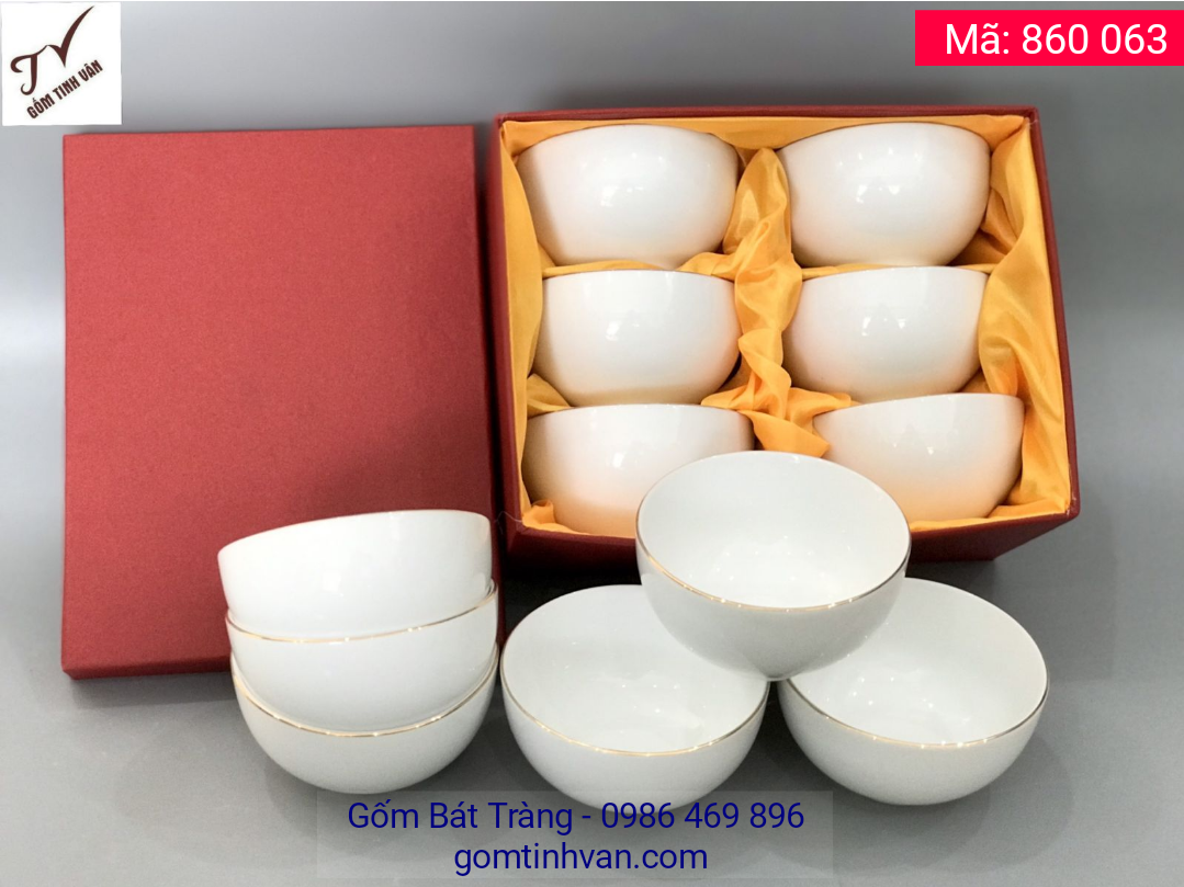 Bộ 6 chén cơm men trắng viền vàng 24k, mã 860063, đựng trong hộp đỏ lót lụa có quai xách, in logo quà tặng biếu tết, 20/11, 8/3, 20/10, tri ân khách hàng, chất liệu sứ trắng xương trong, gốm Bát Tràng Tinh Vân