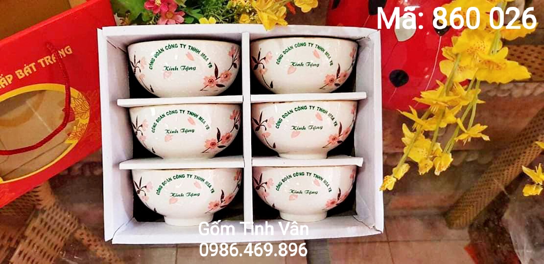 Bộ 6 chén cơm, in logo, mã 860026, vẽ hoa đào, đóng hộp quà tặng, gốm bát tràng, tinh vân,    sl từ 100 bộ