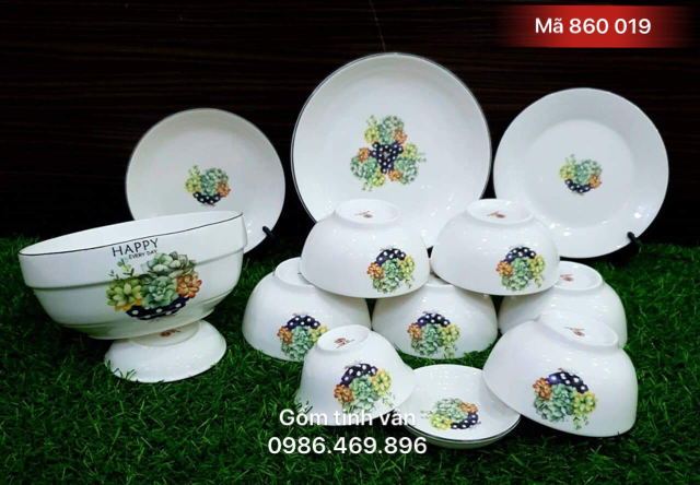Bộ bát chén đĩa in logo, mã 860019, vẽ hoa văn, quà tặng gốm sứ, bát tràng, tinh vân