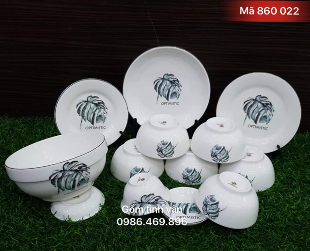 Bộ bát chén đĩa in logo, mã 860022, vẽ hoa văn, quà tặng gốm sứ, bát tràng, tinh vân