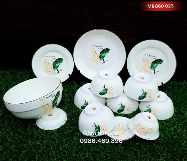 Bộ bát chén đĩa in logo, mã 860023, vẽ hoa văn, quà tặng gốm sứ, bát tràng, tinh vân