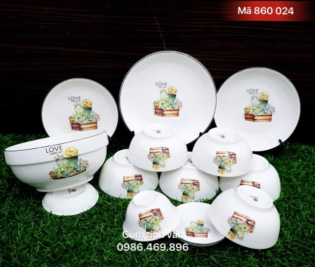 Bộ bát chén đĩa in logo, mã 860024, vẽ hoa văn, quà tặng gốm sứ, bát tràng, tinh vân
