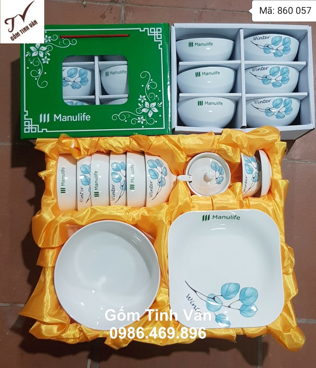 Bộ chén đĩa men trắng vẽ hoa văn giá báo cho trên 100 bộ, đồ ăn gia đình, mã 860057, in logo quà tặng hội nghị đẹp, sang trọng, hộp lót lụa, gốm sứ bát tràng, tinh vân