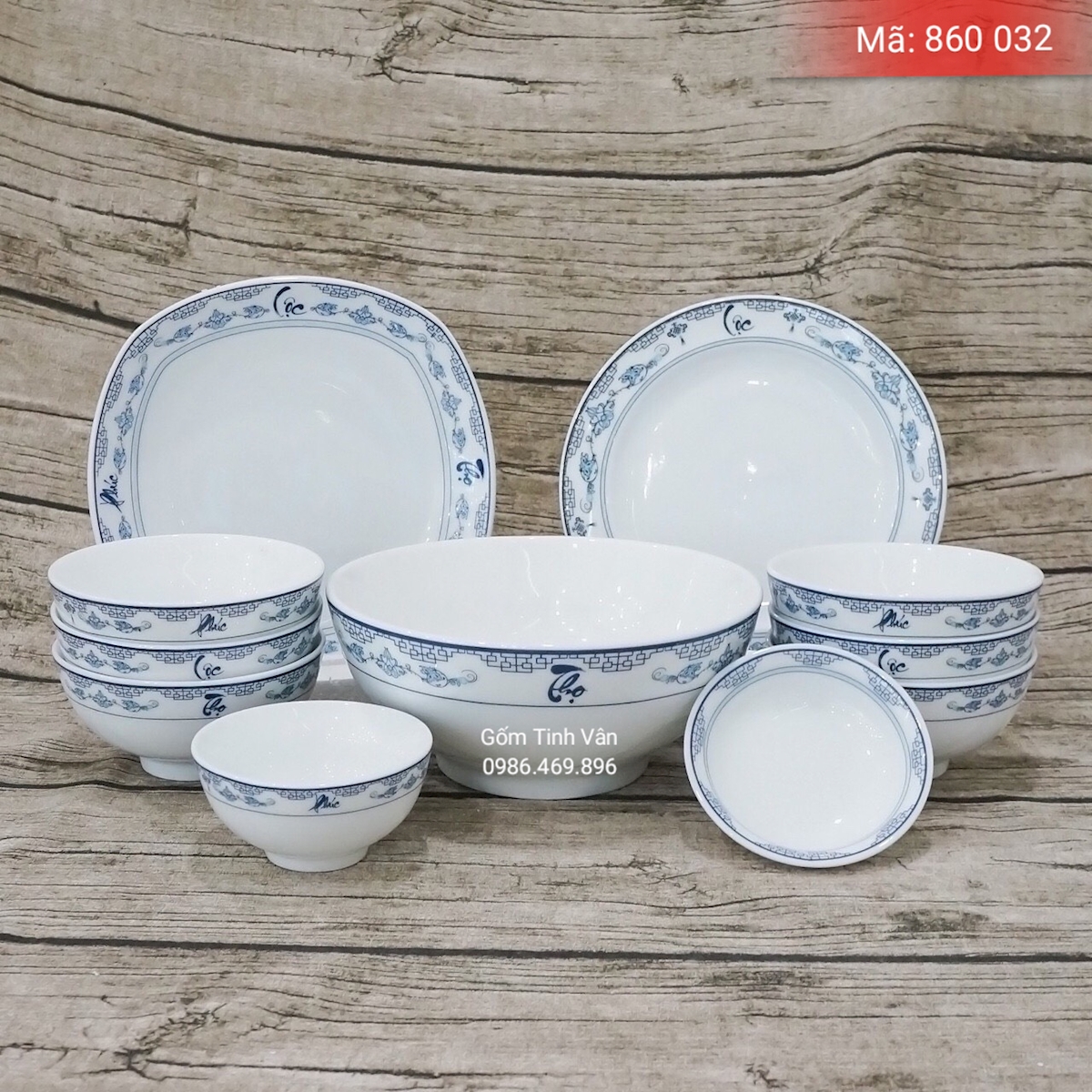 Bộ chén đĩa quà tặng, mã 860032, phúc lộc thọ, gốm bát tràng tinh vân cao cấp